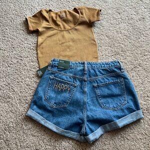 Wild Fable Blue High-Waisted Jean Shorts + UO bodysuit
